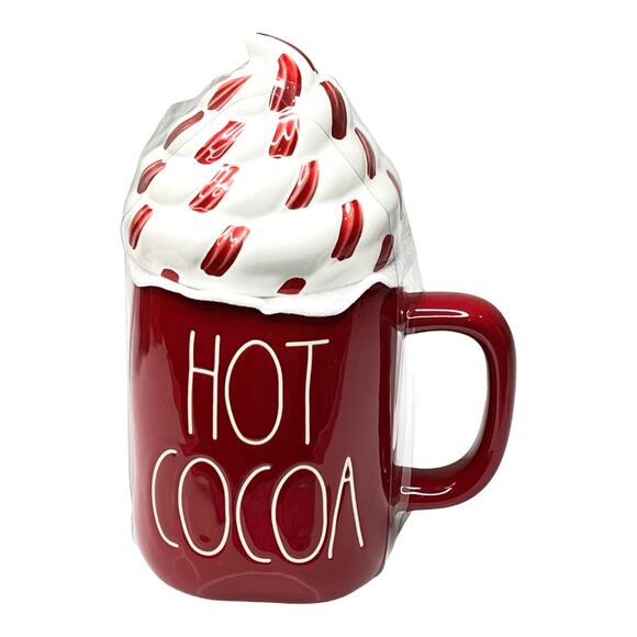 NEW Rae Dunn Ceramic Hot Cocoa COFFEE MUG + TOPPER Cover Lid Red White - Picture 1 of 5